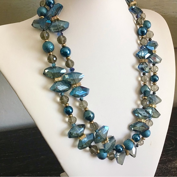 Royal Blue Crystals Pearls Statement Necklace Two Strand Sapphire Gold Rhineston - Picture 8 of 10
